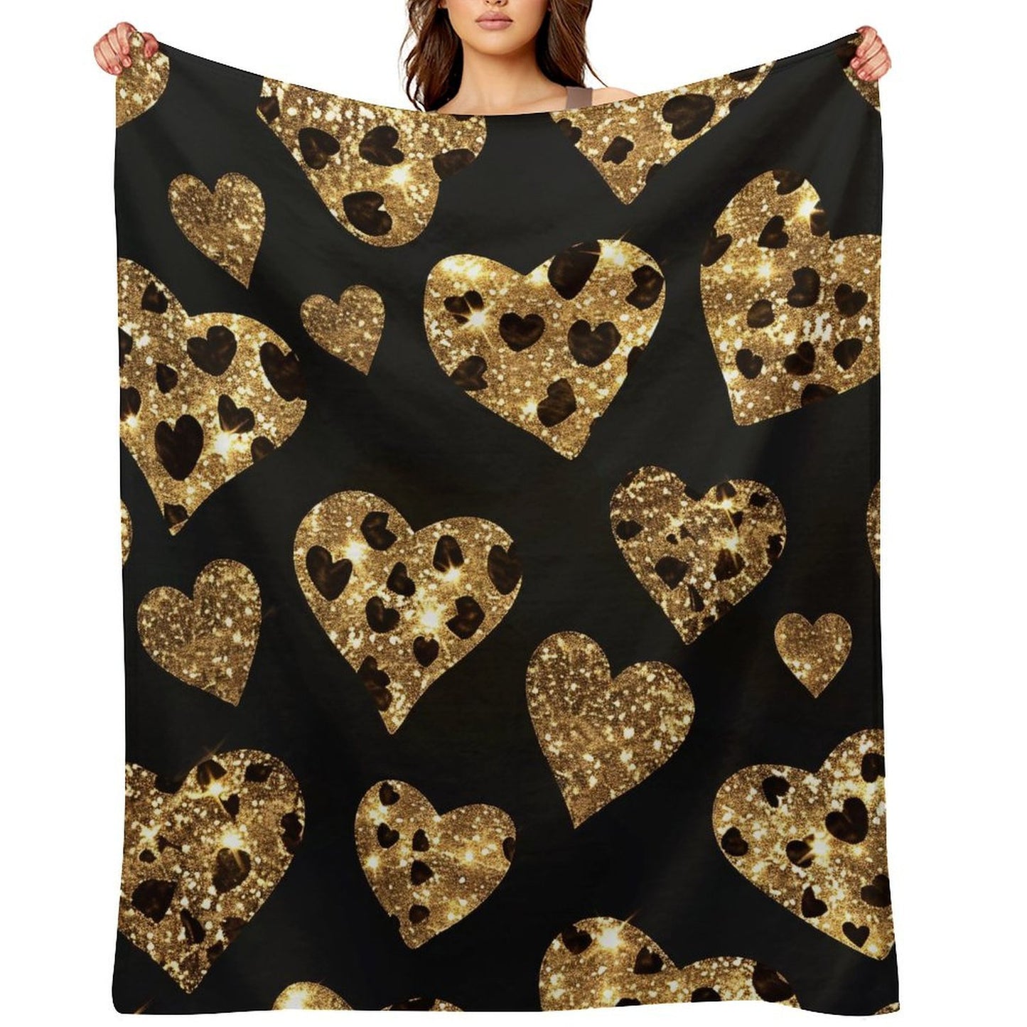Anti-Pilling Flannel Blanket with Gold Glitter Heart Pattern Design