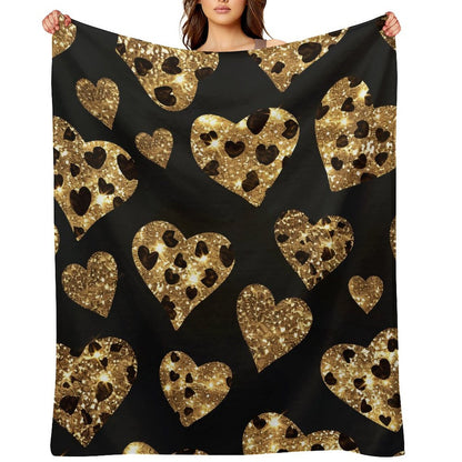 Anti-Pilling Flannel Blanket with Gold Glitter Heart Pattern Design