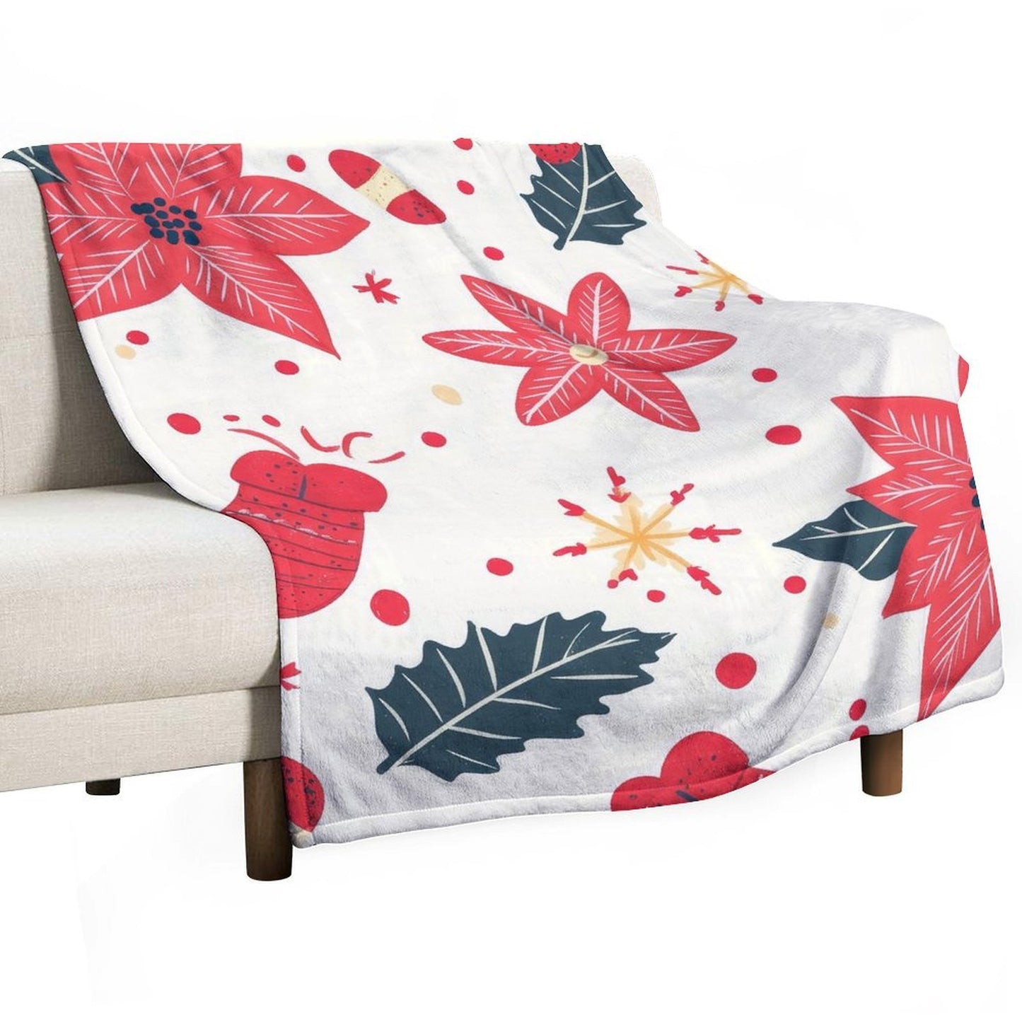 Soft Anti-Pilling Flannel Blanket with Red Christmas Flower Print