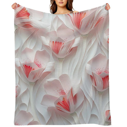 Elegant Anti-Pilling Flannel Blanket with 3D White Pink Floral Design