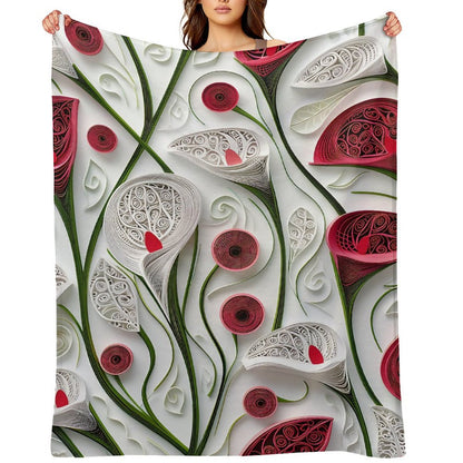 Anti-Pilling Flannel Blanket with 3D Red and White Floral Design