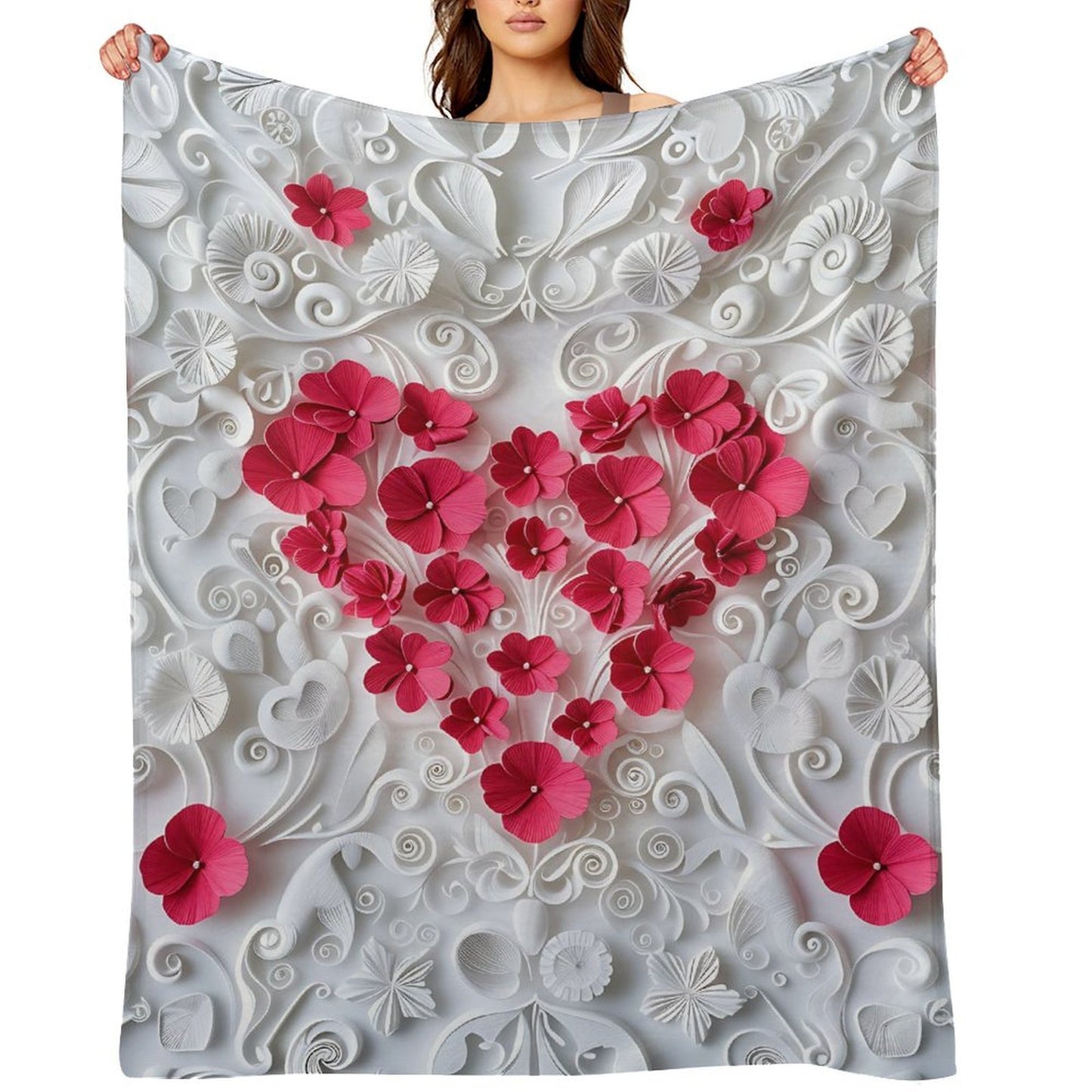 Anti-Pilling Flannel Blanket with 3D Pink Heart Floral Design