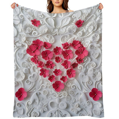 Anti-Pilling Flannel Blanket with 3D Pink Heart Floral Design