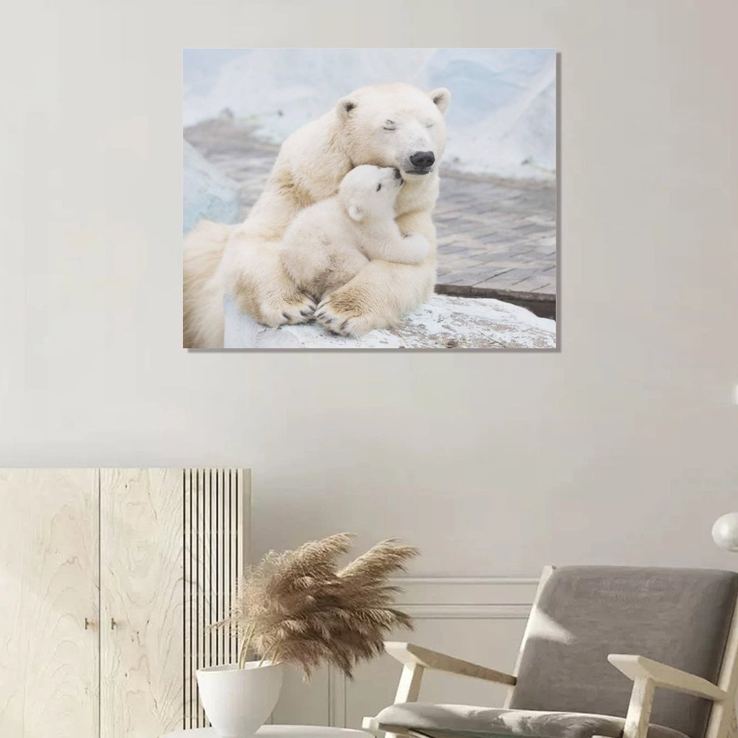 Polar Bear Family Hug Canvas Wall Art – Cozy Arctic Animal Painting for Home Decor