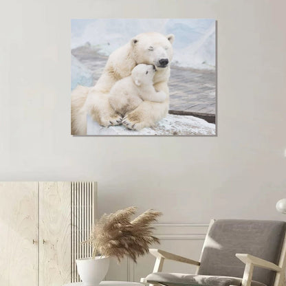 Polar Bear Family Hug Canvas Wall Art – Cozy Arctic Animal Painting for Home Decor