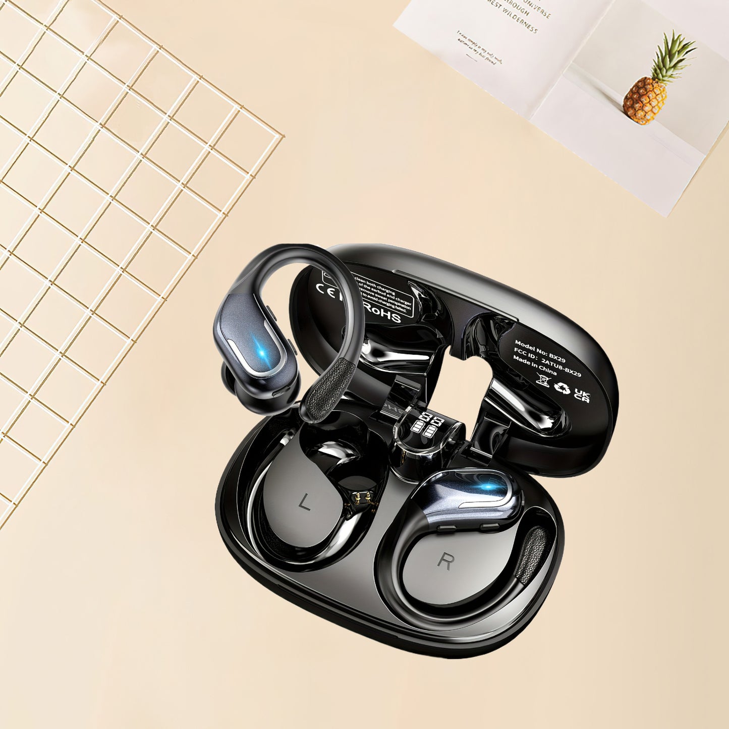 ProSound Wireless Earbuds Built-in Mic Sweat-Resistant Earhooks Pure Bass Sound Over-Ear Design Dual-LED Display Noise Cancelling for Running Sports Fitness