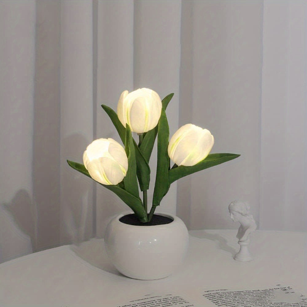 Romantic LED Tulip Night Light Simulation Vase Decor for Tabletop Living Room Bedroom Perfect Mothers Day Gift Enhance Home Ambiance
