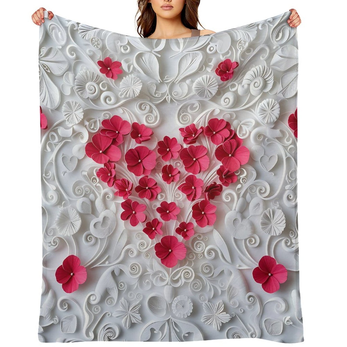 Anti-Pilling Flannel Blanket with 3D Pink Heart Floral Design