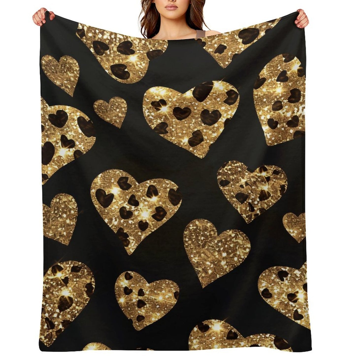 Anti-Pilling Flannel Blanket with Gold Glitter Heart Pattern Design