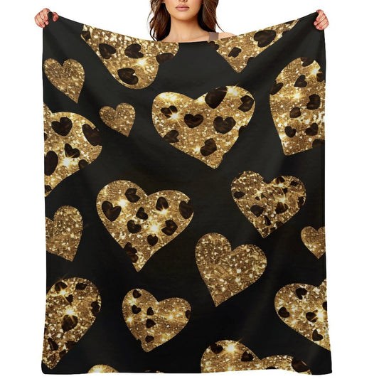 Anti-Pilling Flannel Blanket with Gold Glitter Heart Pattern Design
