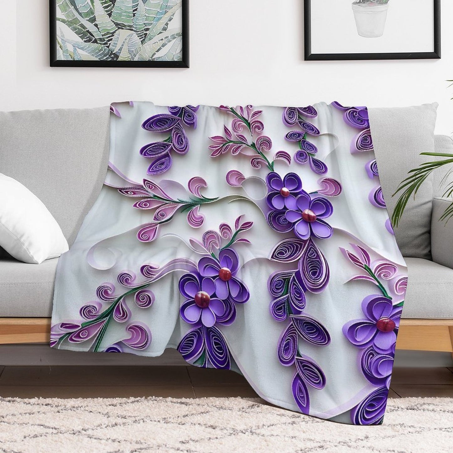 Soft Anti-Pilling Flannel Blanket with Purple Floral Pattern Design