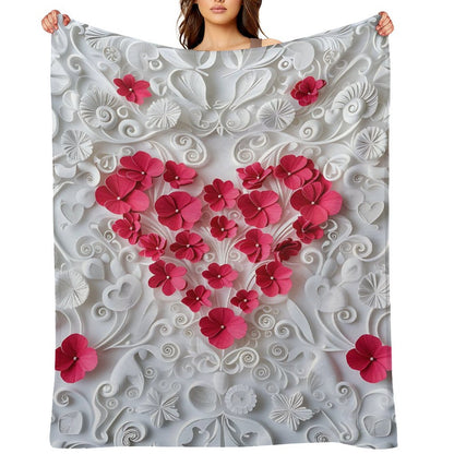 Anti-Pilling Flannel Blanket with 3D Pink Heart Floral Design