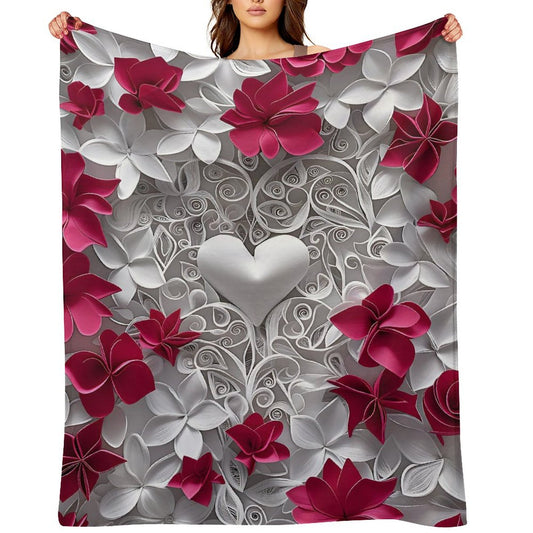 Soft Anti-Pilling Flannel Blanket with Heart and Red Floral Design