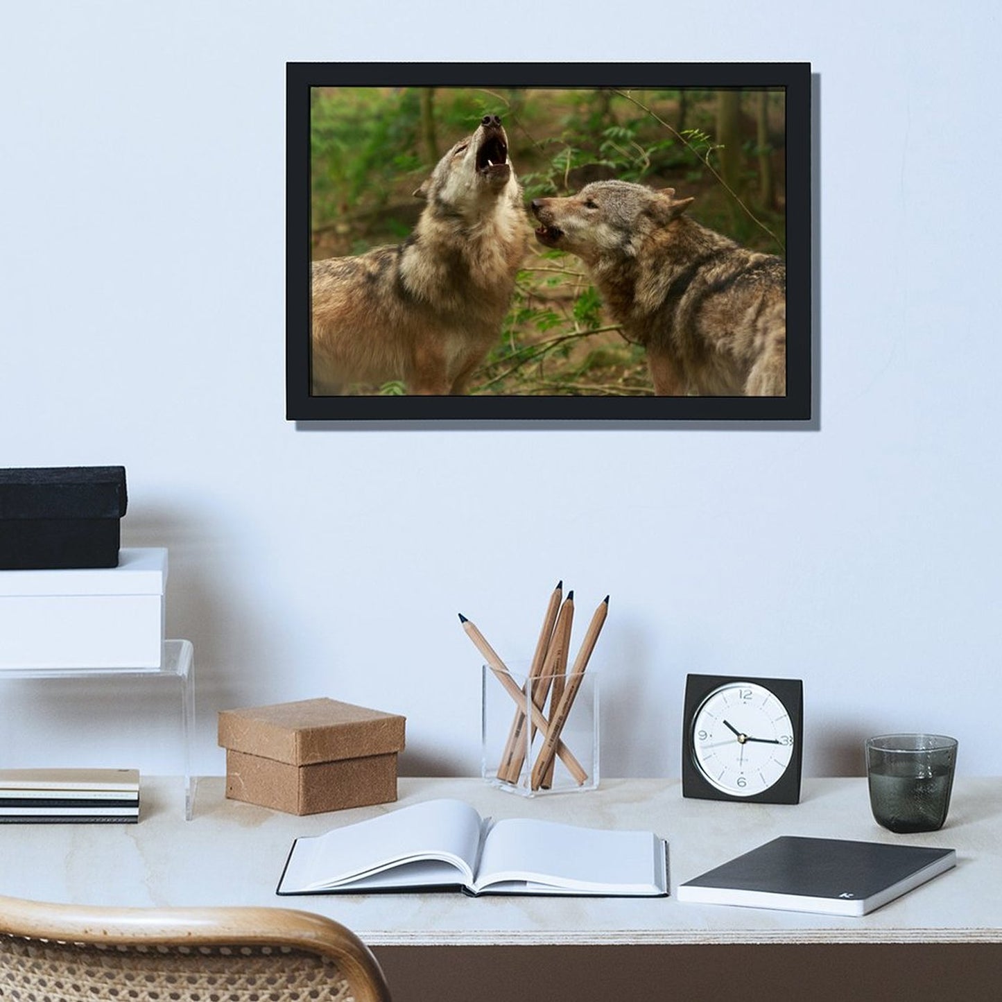 Howling Wolves Wall Art Black Frame Wildlife Decoration-40