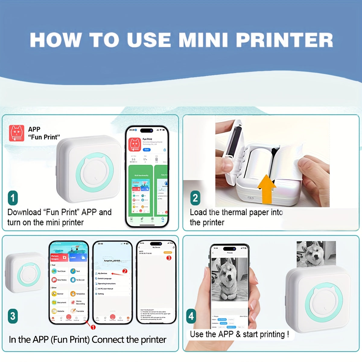 Wireless Mini Photo Printer for iPhone Android Portable Thermal Label Printer for Journal Study Note Compatible with iOS Android