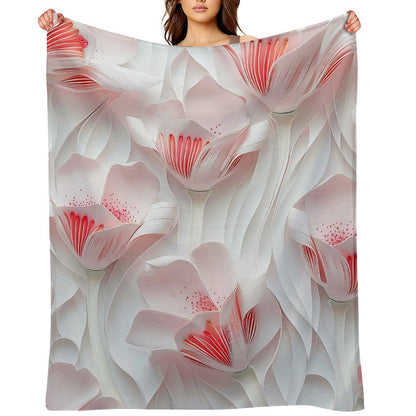 Elegant Anti-Pilling Flannel Blanket with 3D White Pink Floral Design