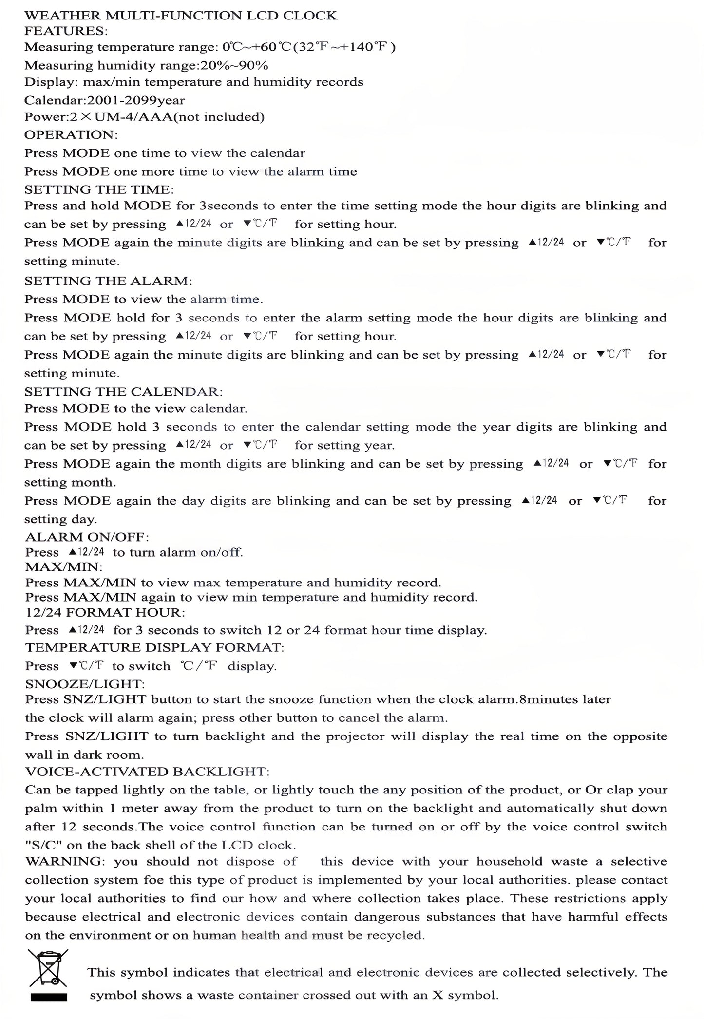 LCD Weather Forecast Station Indoor Temperature Humidity Monitor with Alarm Clock Calendar Battery Powered Sleek Design for Home Office Use