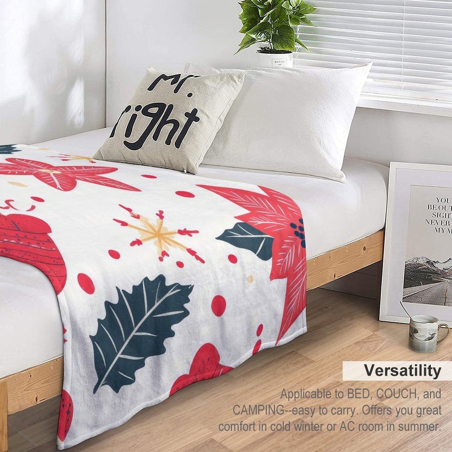Soft Anti-Pilling Flannel Blanket with Red Christmas Flower Print