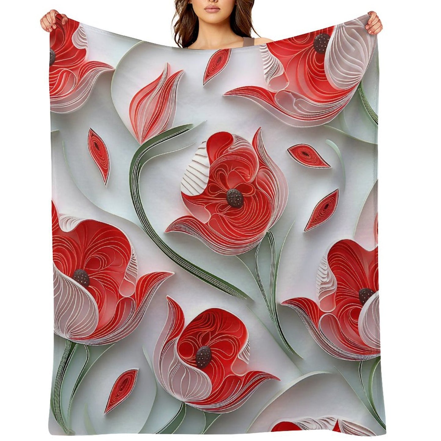 Soft Anti-Pilling Flannel Blanket with Red Tulip Floral Design