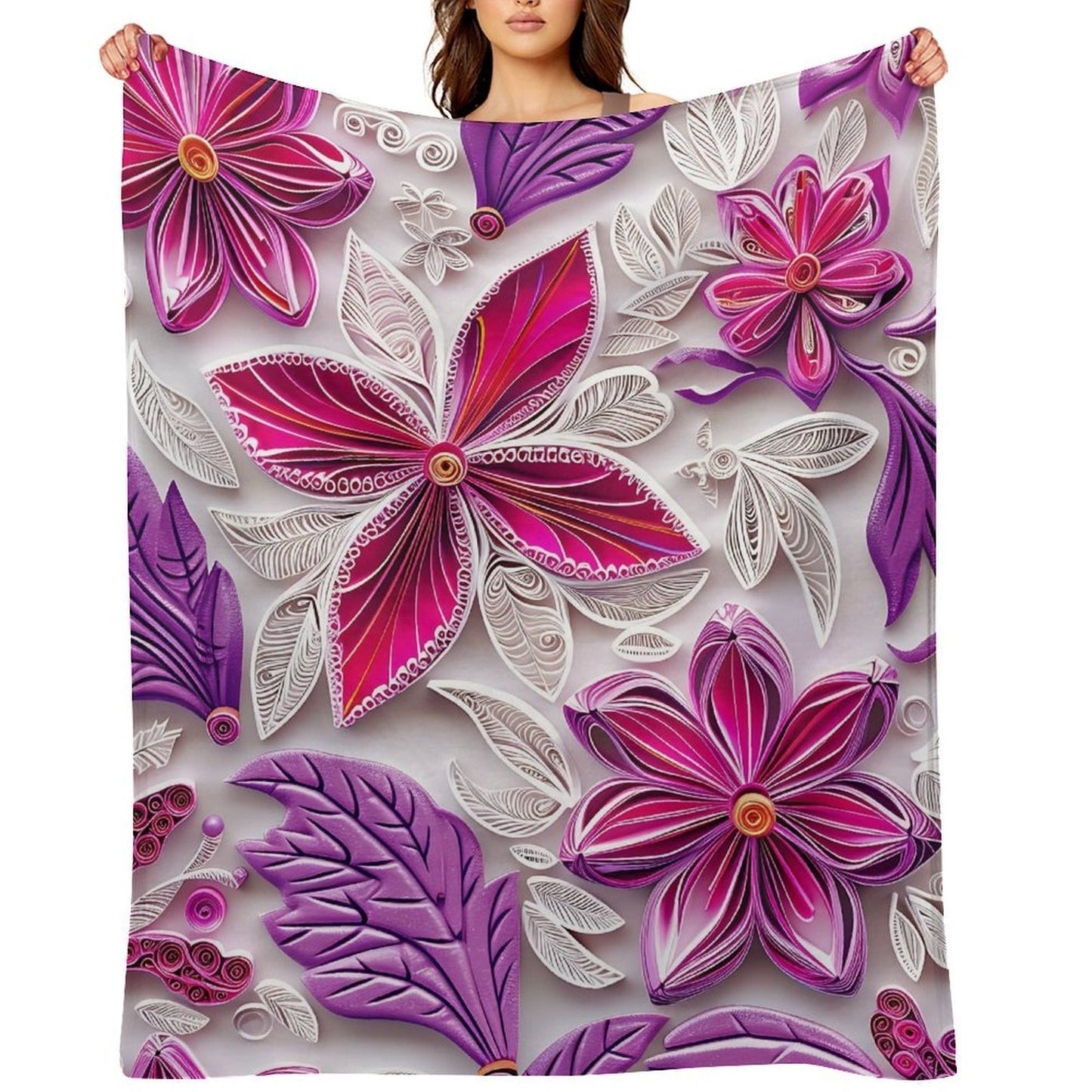 Soft Anti-Pilling Flannel Blanket with Pink and Purple Floral Design