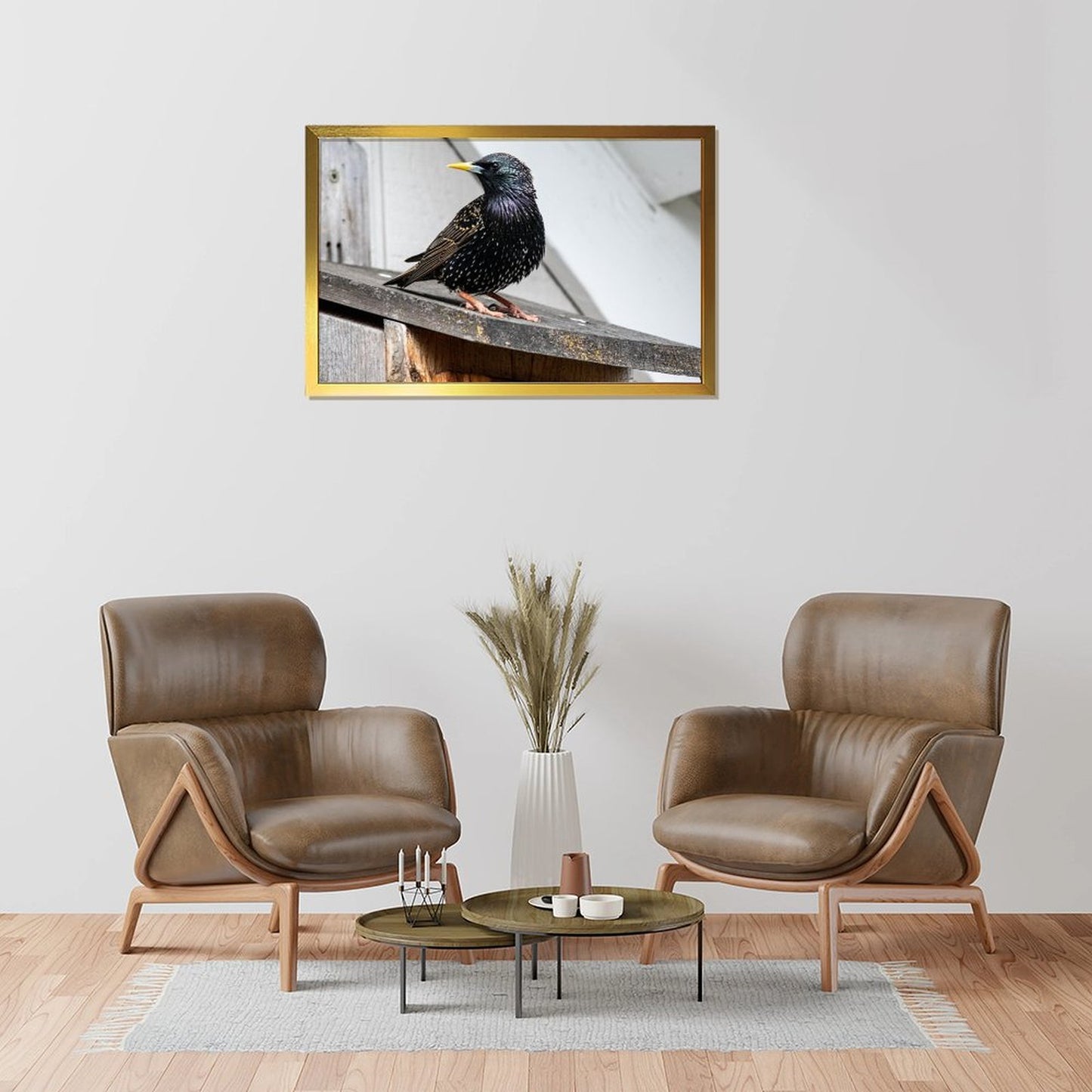 Modern Bird Photography Wall Art – Blackbird on Wood Frame Print- 126