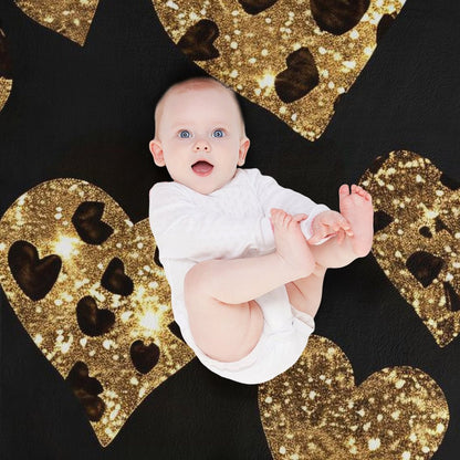 Anti-Pilling Flannel Blanket with Gold Glitter Heart Pattern Design