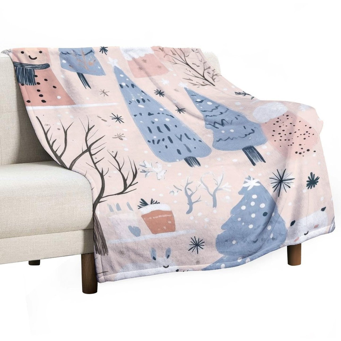 Anti-Pilling Flannel Blanket Winter Forest and Snowman Design