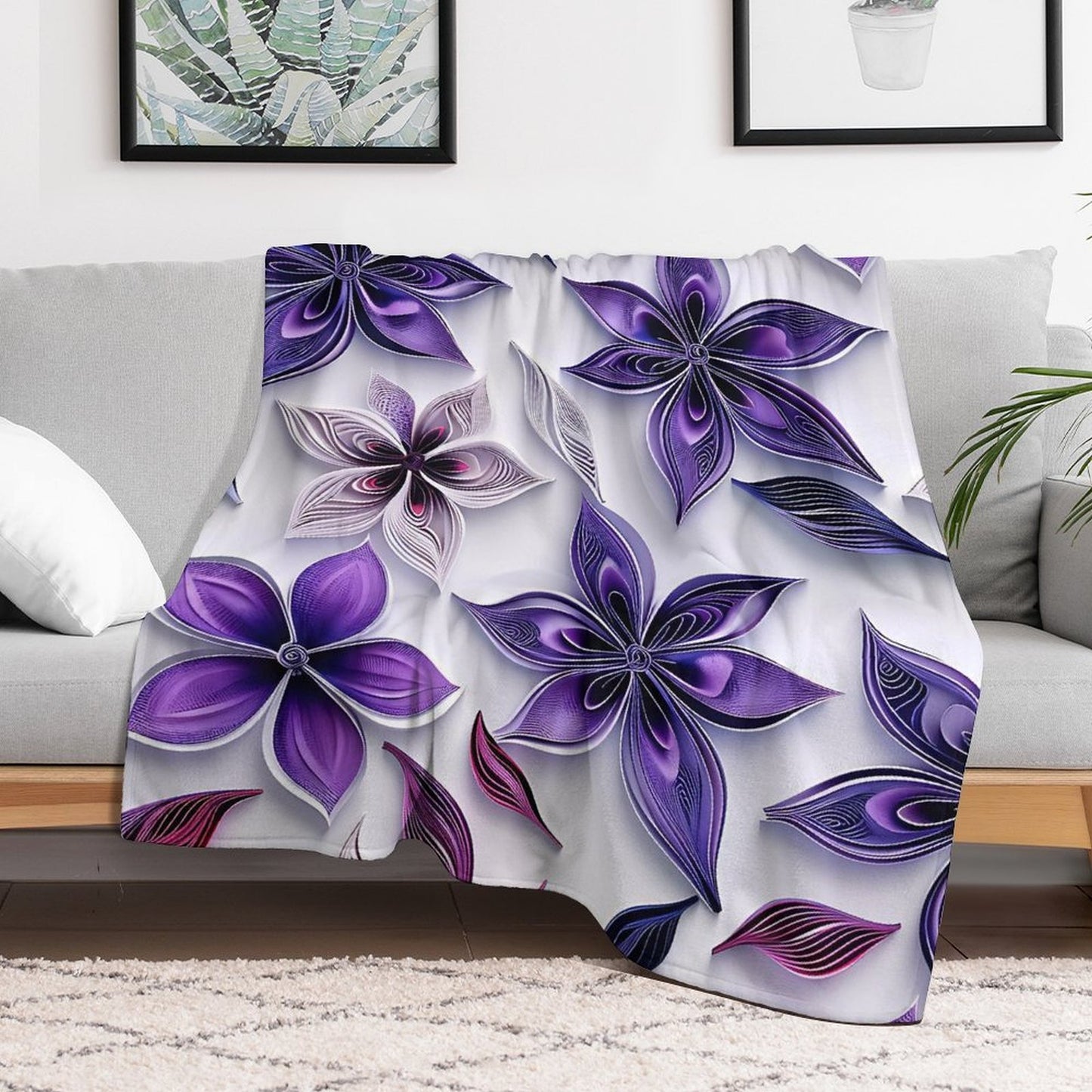 Purple Floral Anti-Pilling Flannel Blanket – Soft Warm Bed Sofa Throw