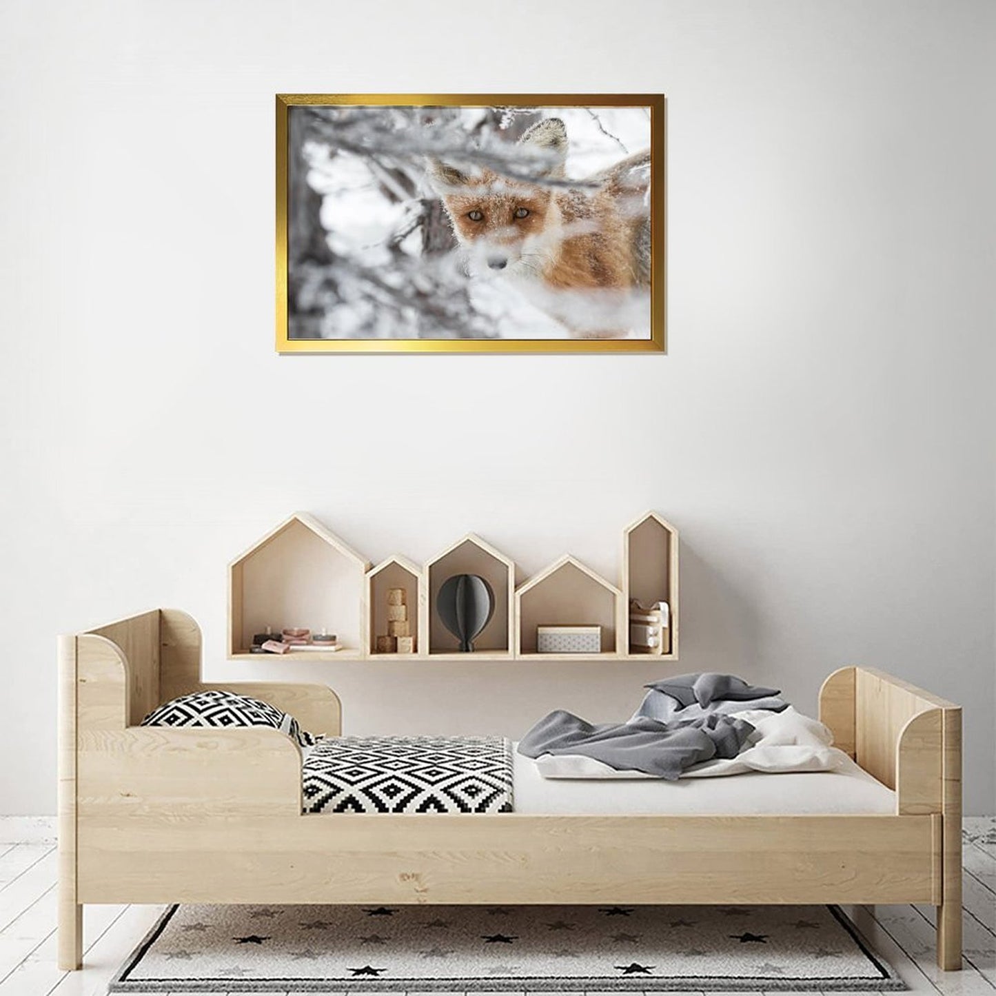 Minimalist Fox in Snow Art Picture Golden Frame Decor-28