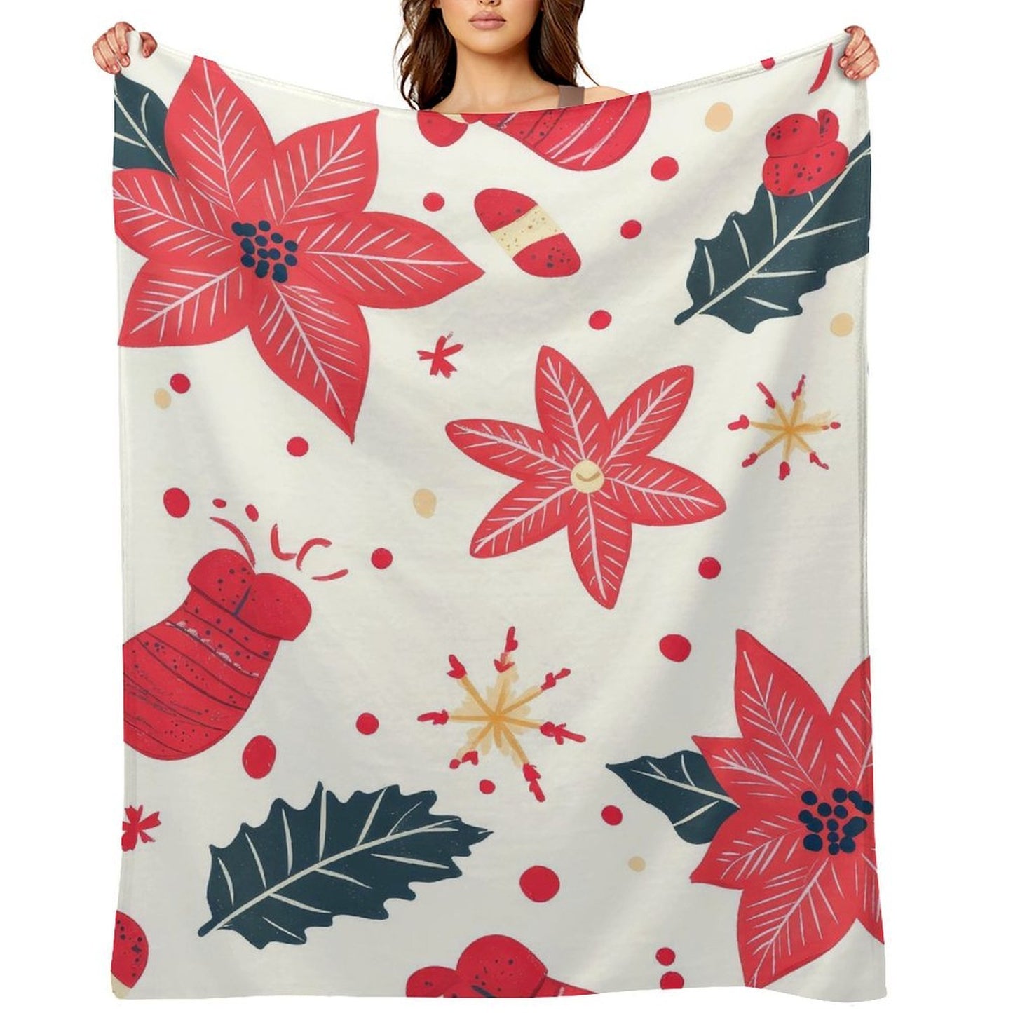 Soft Anti-Pilling Flannel Blanket with Red Christmas Flower Print