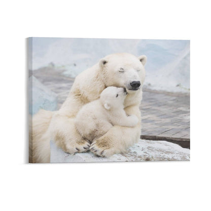 Polar Bear Family Hug Canvas Wall Art – Cozy Arctic Animal Painting for Home Decor