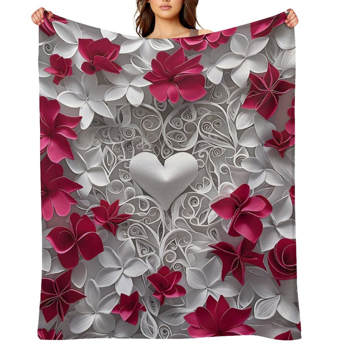 Soft Anti-Pilling Flannel Blanket with Heart and Red Floral Design