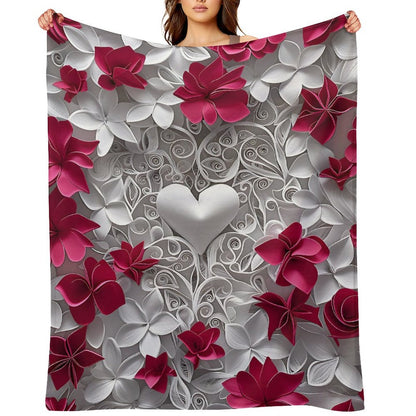 Soft Anti-Pilling Flannel Blanket with Heart and Red Floral Design