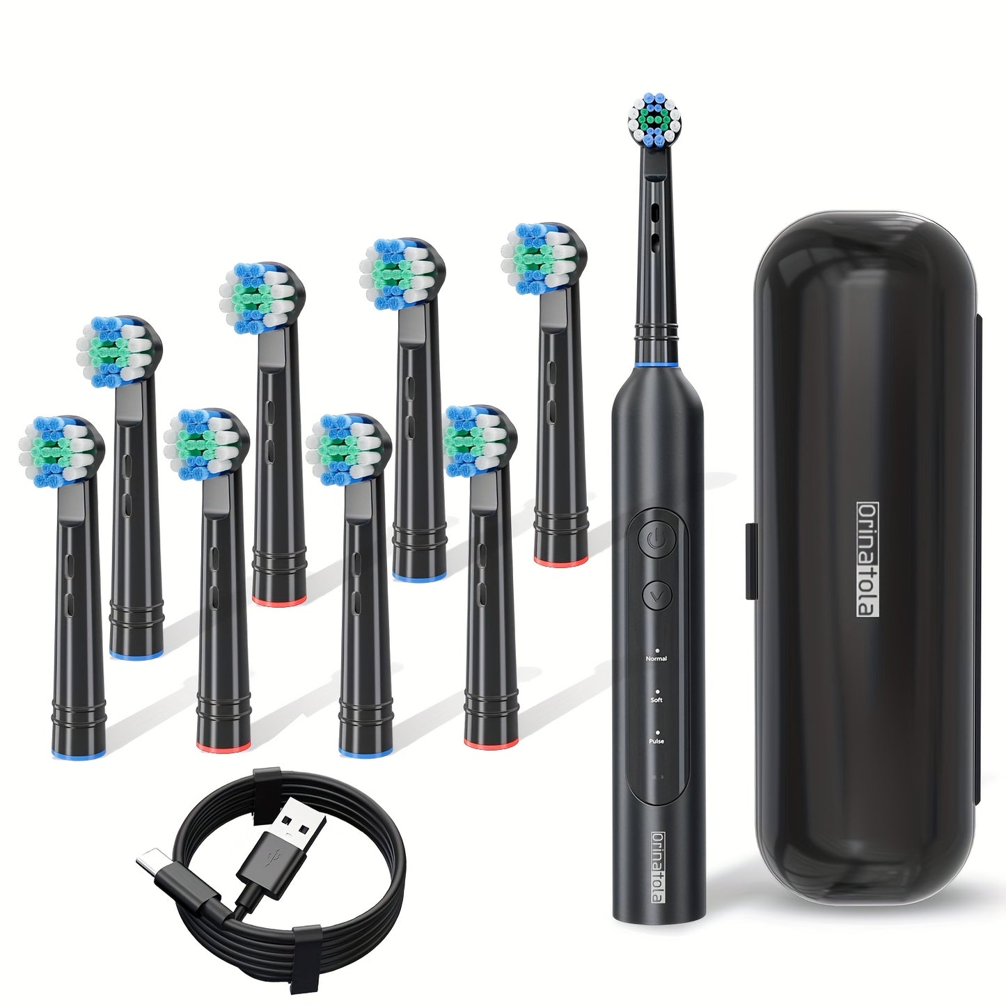 Adult Electric Toothbrush USB C Rechargeable with 8 Round Heads 3 Brush Sounds 600mAh Battery Travel Case Home Kit ORINATOLA