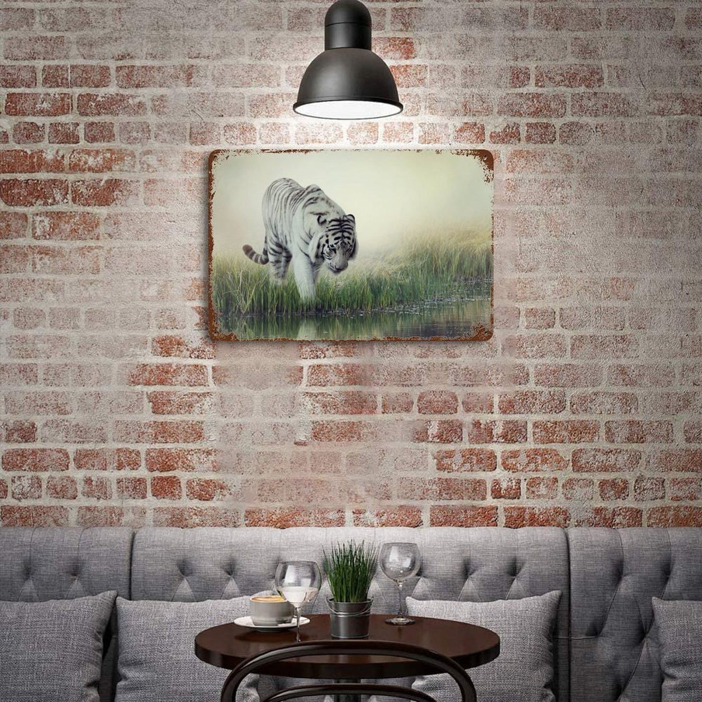 Vintage White Tiger by the Lake Metal Wall Art Decor
