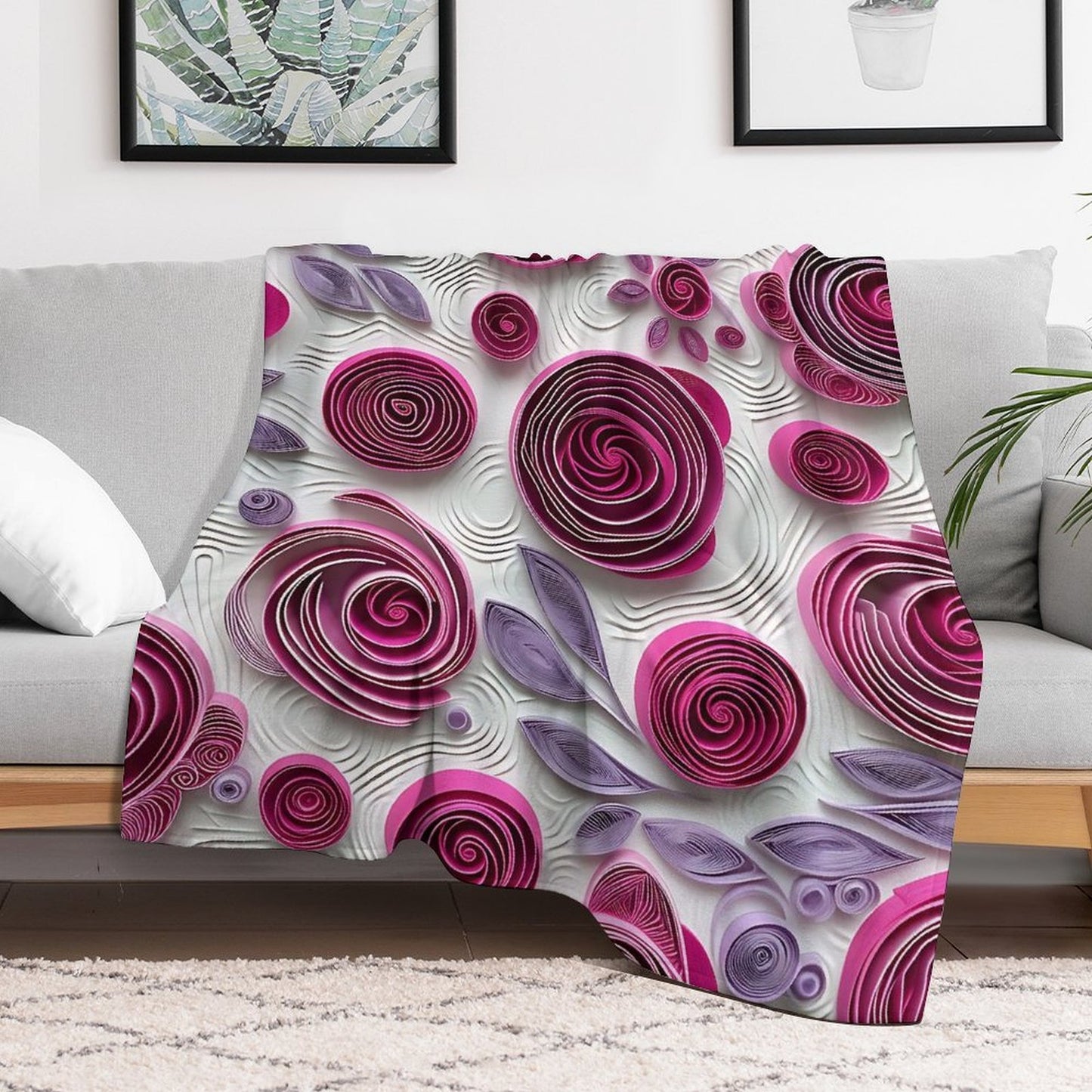 Soft Anti-Pilling Flannel Blanket with Purple Rose Spiral Pattern