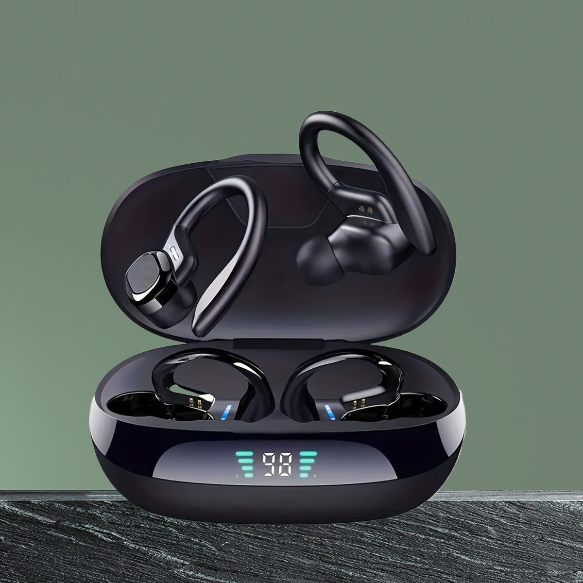 Wireless Sports Earbuds with Earhooks Active Noise Cancelling Dual-LED Display Pure Bass Built-in Microphone for Running