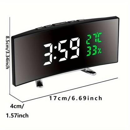Multi-function LED Curved Large Screen Alarm Clock with Time Temperature Humidity Display Desktop Clock DC Plug-in or Battery Powered Home Decor