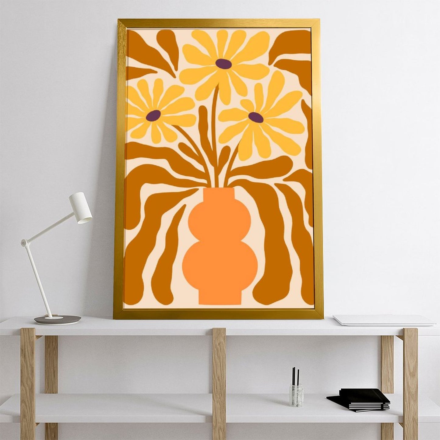 Retro Floral Vase Art Print, Abstract Yellow Flower Wall Decor-49