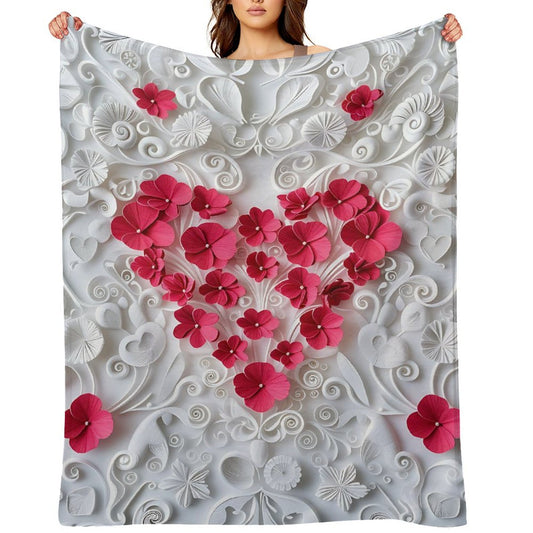 Anti-Pilling Flannel Blanket with 3D Pink Heart Floral Design