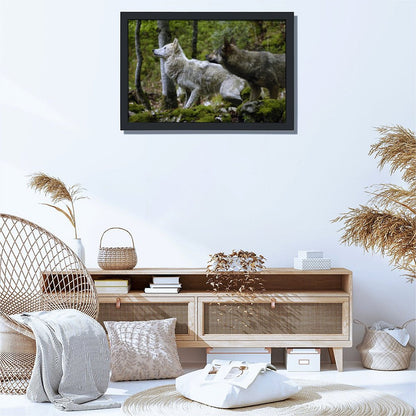 Black Frame Wolf Wall Art Forest Animal Canvas Painting