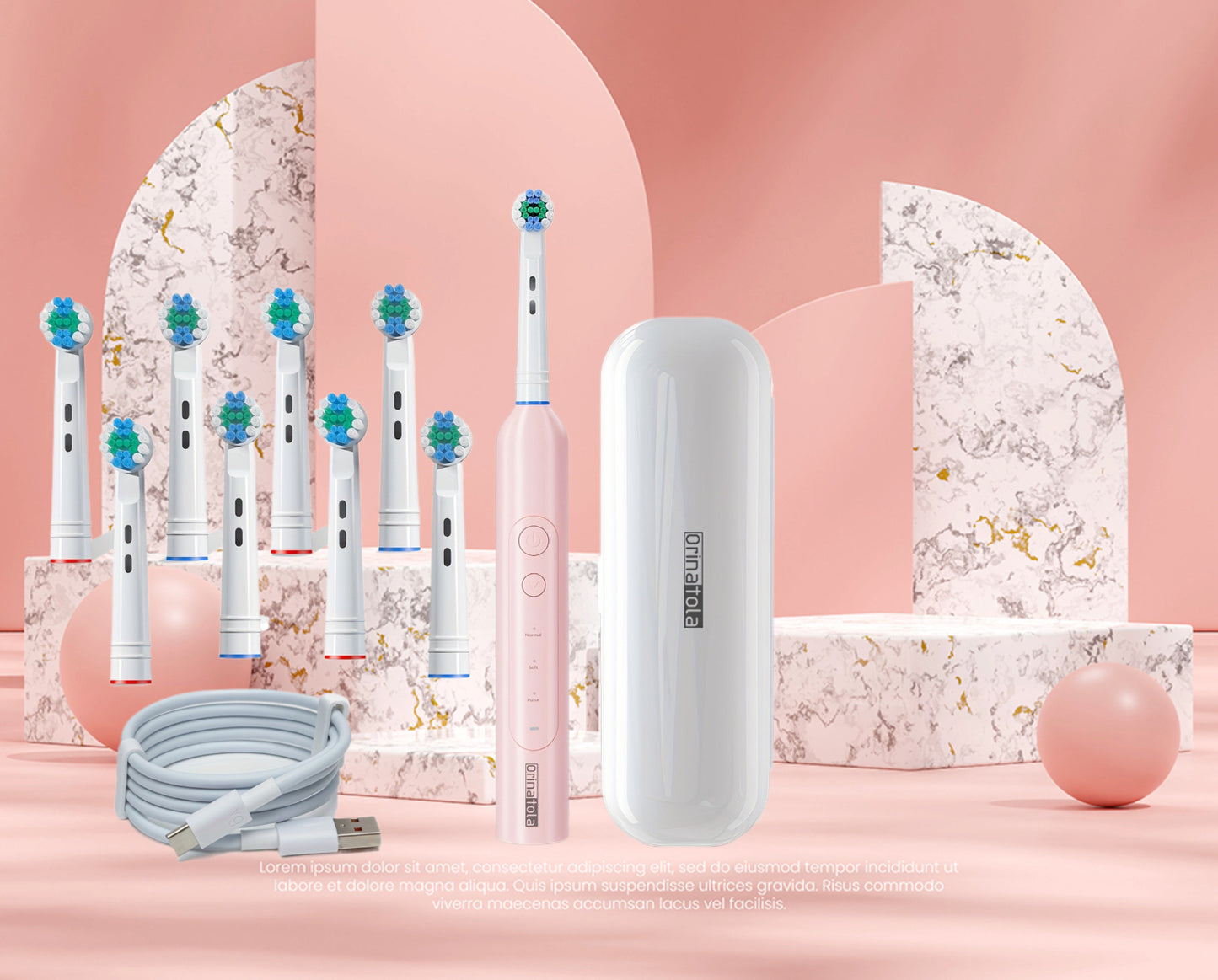 Adult Electric Toothbrush USB C Rechargeable with 8 Round Heads 3 Brush Sounds 600mAh Battery Travel Case Home Kit ORINATOLA