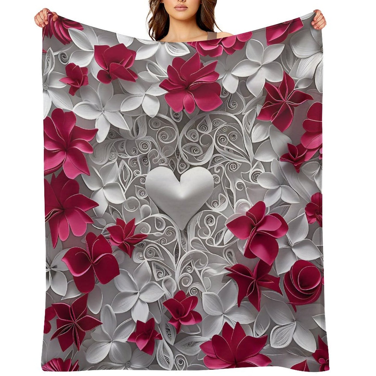 Soft Anti-Pilling Flannel Blanket with Heart and Red Floral Design