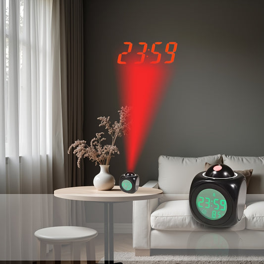 Night Time Wall Projection Alarm Clock with Voice Announcement Multi-function USB Battery Powered for Bedroom Living Room Dormitory