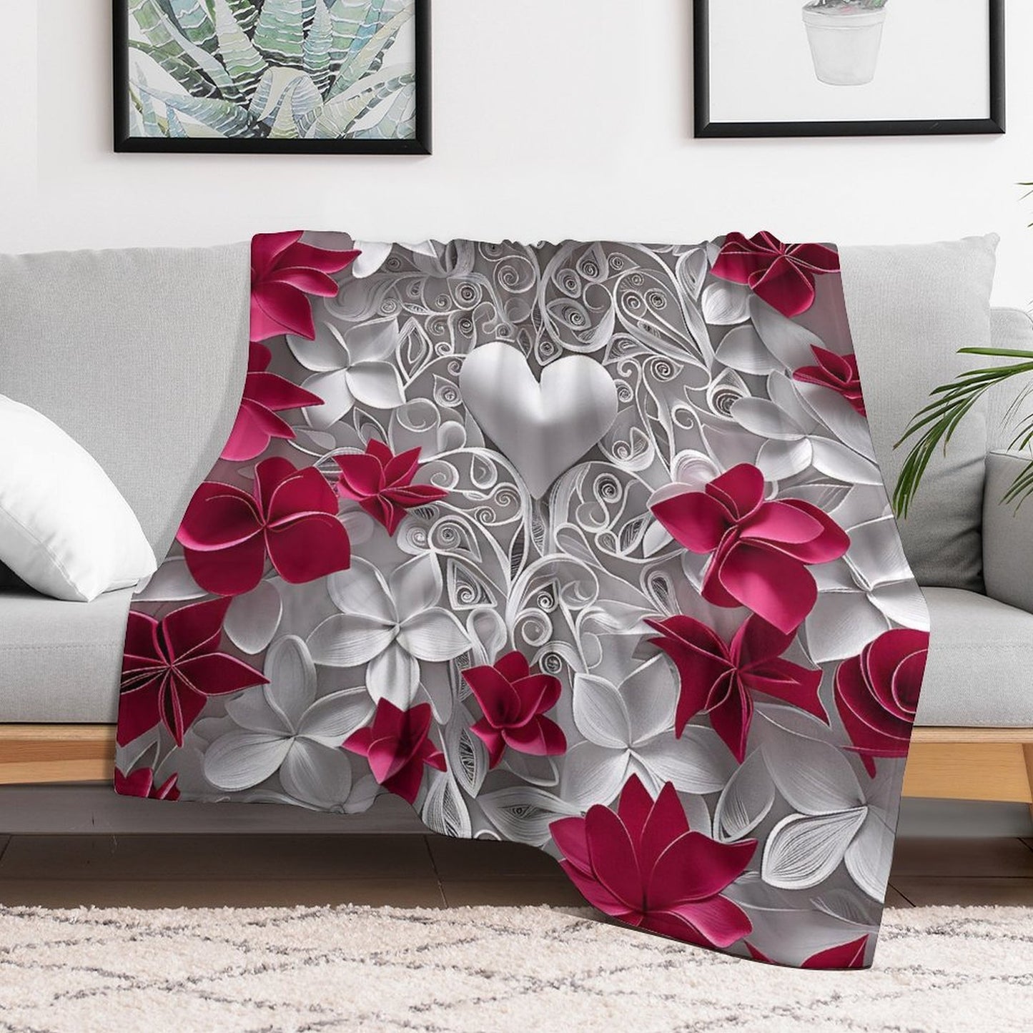 Soft Anti-Pilling Flannel Blanket with Heart and Red Floral Design
