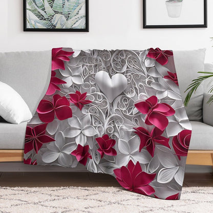 Soft Anti-Pilling Flannel Blanket with Heart and Red Floral Design