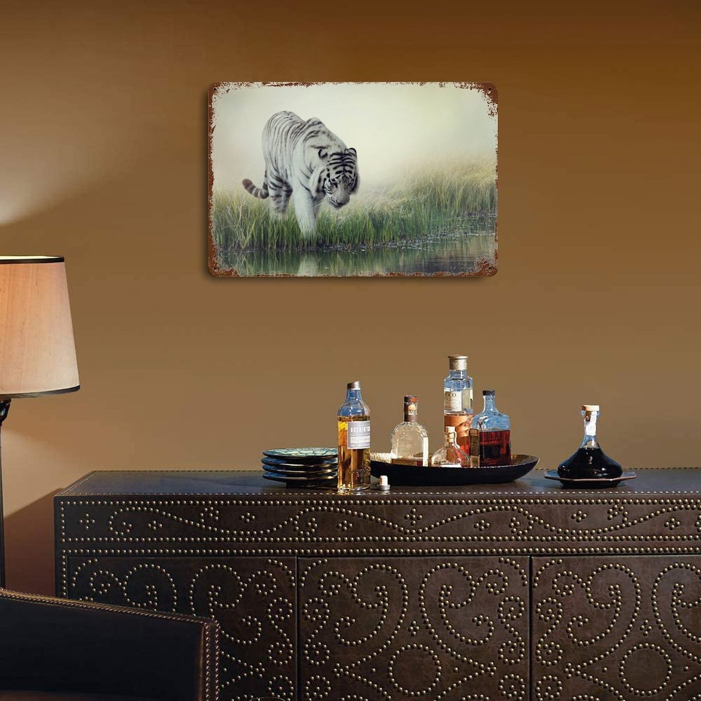 Vintage White Tiger by the Lake Metal Wall Art Decor