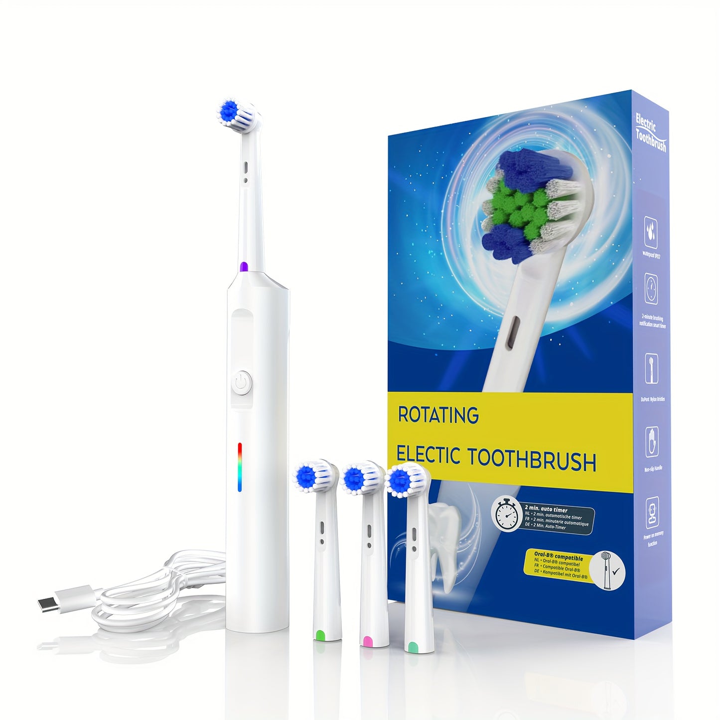 Electric Toothbrush for Men Women 3 Modes Rotating 4/8 Brush Heads Type-C Charging Deep Cleaning Soft Bristles IPX7 Waterproof Tongue Scraper