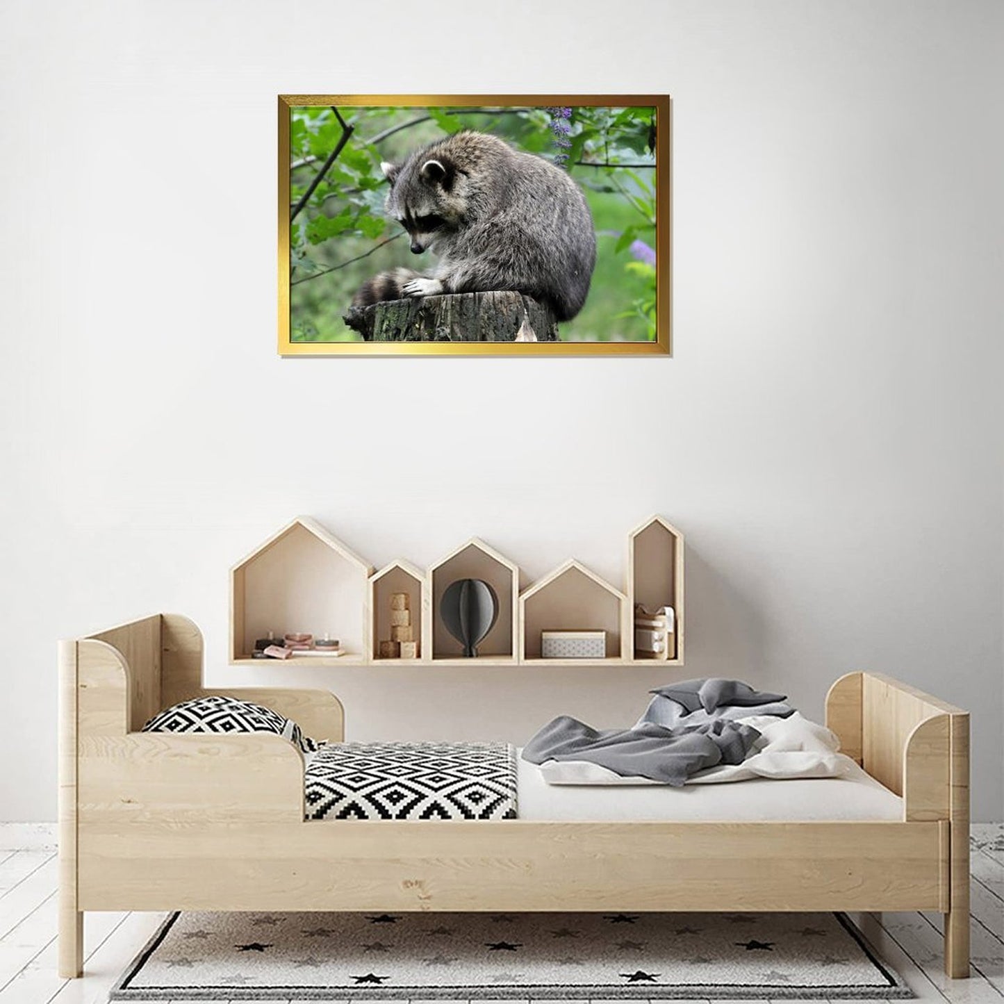 Adorable Raccoon Wall Art Forest Tree Scene Gold Frame-14