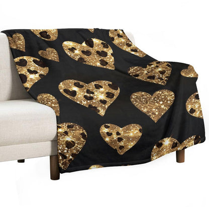 Anti-Pilling Flannel Blanket with Gold Glitter Heart Pattern Design